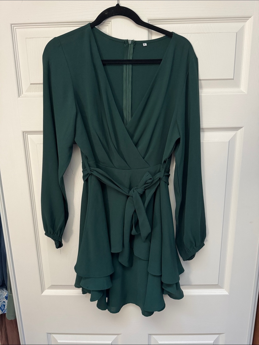 Green Wrap-Tie Long Sleeve Ruffle Dress
